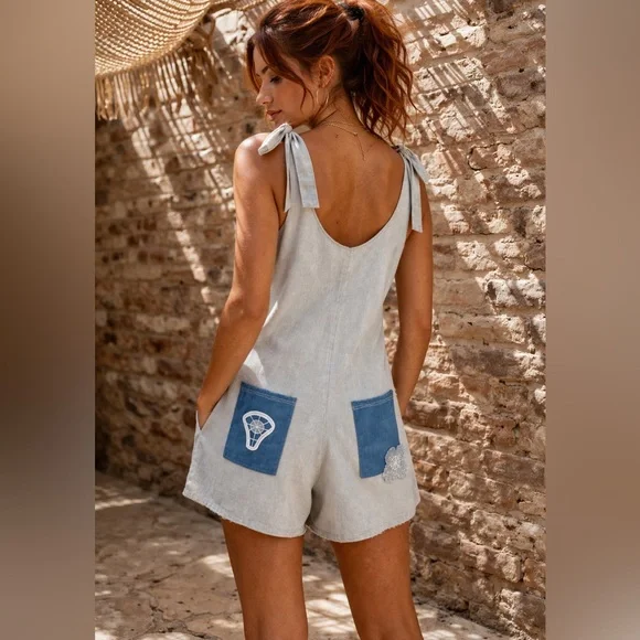 Organic Linen Cotton Romper Boho Handmade Floral Patch Lace Loose Fit S/M NWT - Picture 4 of 11